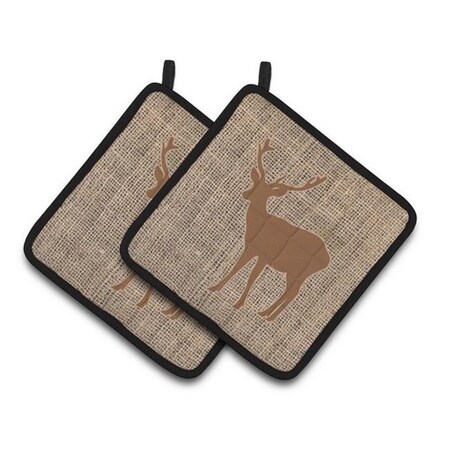 Carolines Treasures Carolines Treasures BB1012-BL-BN-PTHD Deer Faux Burlap & Brown Pair of Pot Holders; 7.5 x 3 x 7.5 in. BB1012-BL-BN-PTHD